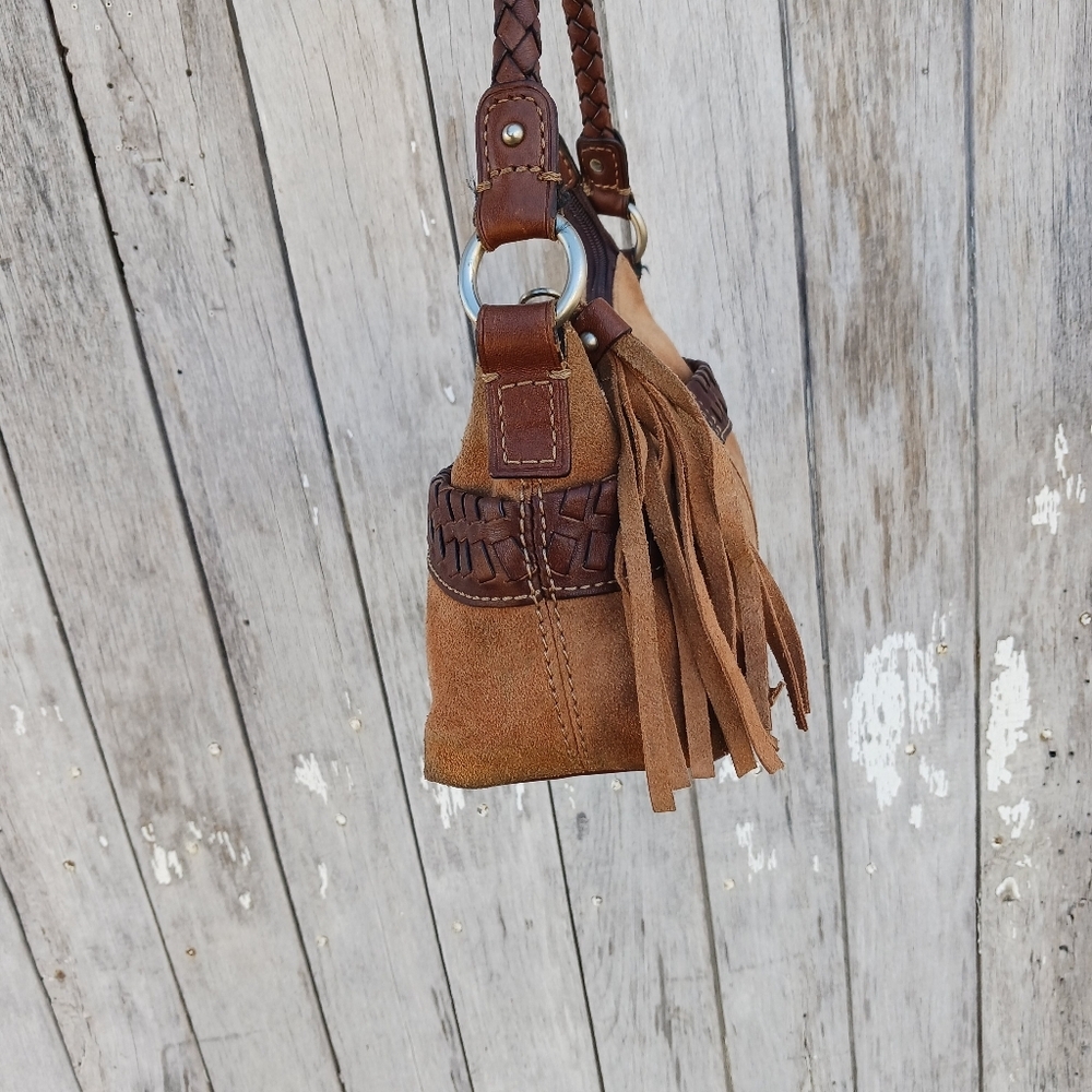 Vtg 395 Fossil Hobo Handbag Bag‎ Suede and Braided Leather Tassle Y2K - Picture 5 of 16